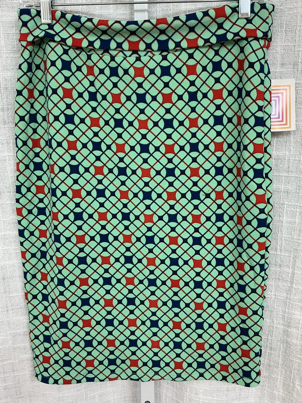LuLaRoe Cassie Geometric Pencil Skirt in Mint, Navy & Red